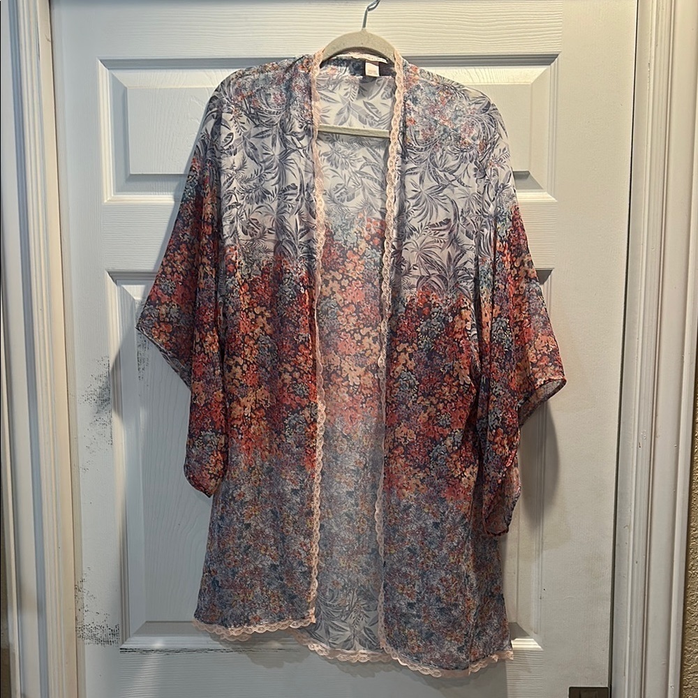 Victoria’s Secret Floral Chiffon Lace Trim Open Robe Kimono Cover Up XS/S
